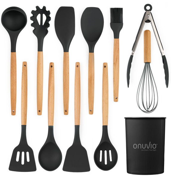 Onuvio™ Daria - 12 darab fakapcsolós és szilikon élelmiszeres konyhai eszköz készlet, hőálló, tapadásmentes, asztali tartóval.